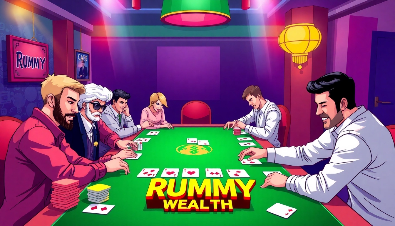 Players intensely enjoying Rummy Wealth game, showcasing excitement and strategy in a colorful digital environment.