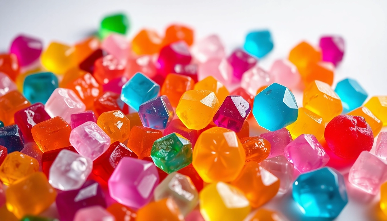 Experience the delightful flavors of Gemini Crystal Candy showcased in a beautiful assortment of crystal-shaped treats.