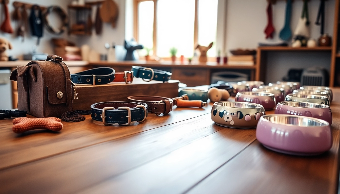 Showcasing stylish pet accessories including collars and toys for dogs on a wooden surface