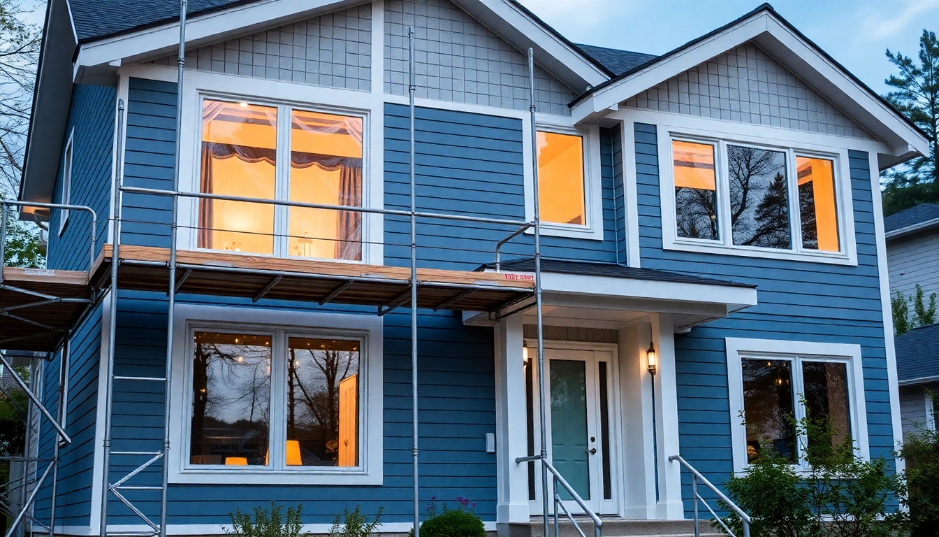 Exterior renovations enhancing a modern home's curb appeal with new siding and windows.