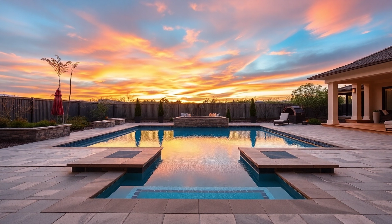 Experience inviting hardscapes & pools that enhance outdoor living, featuring a shimmering pool and stylish landscaping.