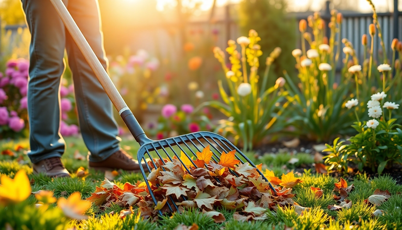 Spring clean up in a garden, a person raking leaves amidst blooming flowers and lush greenery.