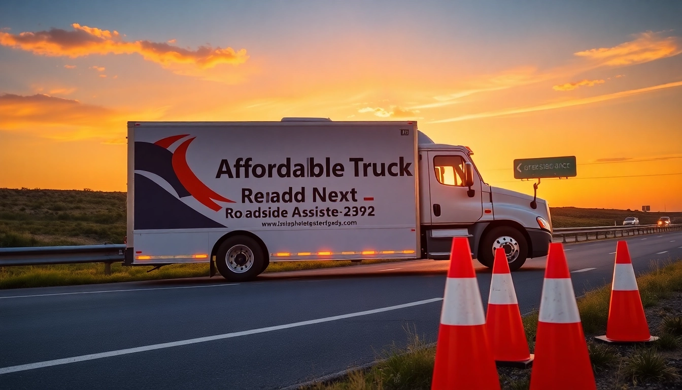 Providing affordable truck roadside assistance with a service vehicle at sunset, ensuring safety and support on the road.