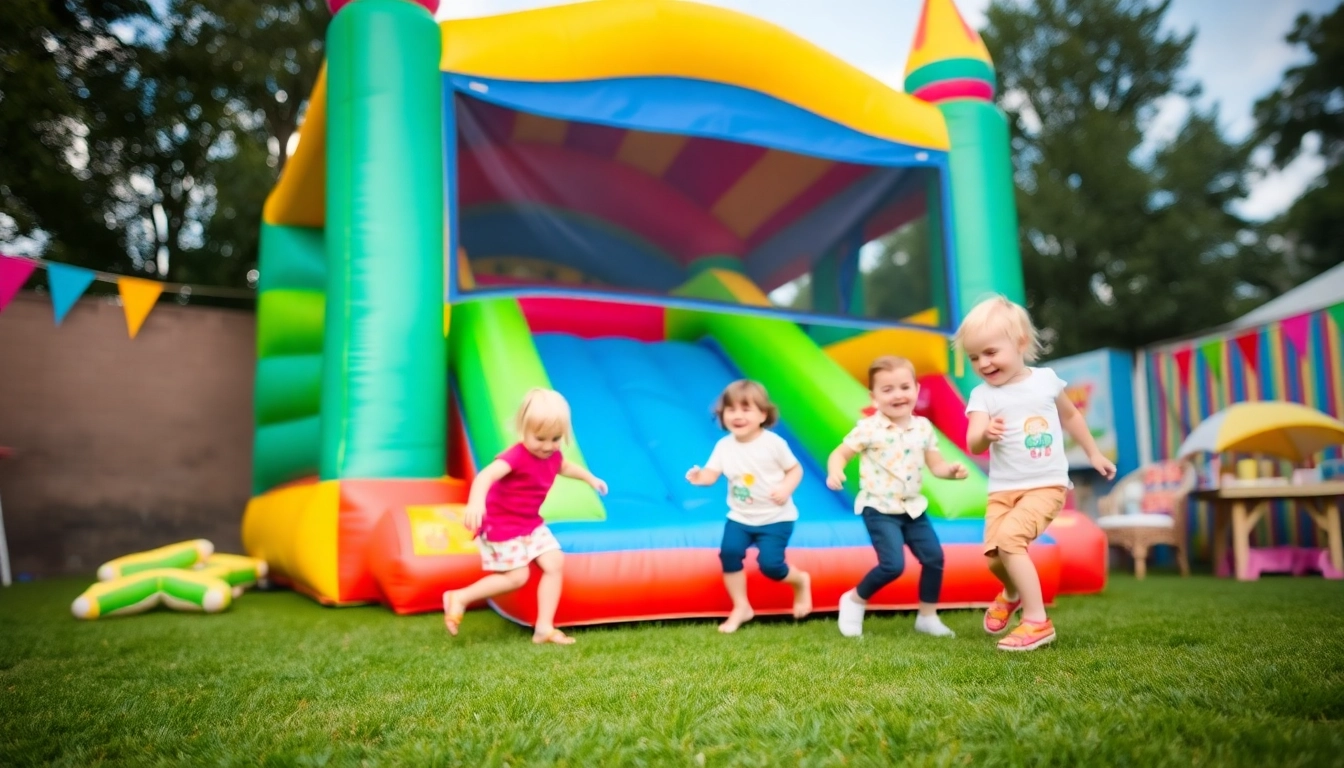 Experience the joy of bounce house rental near me with kids enjoying a colorful inflatable at a birthday party.