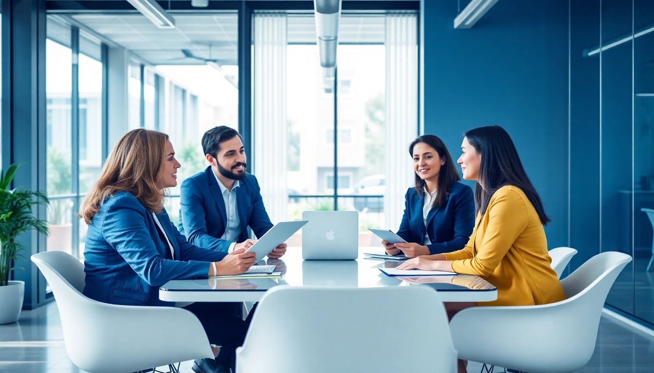 Team collaborating on outsourcing strategies in a bright office environment.