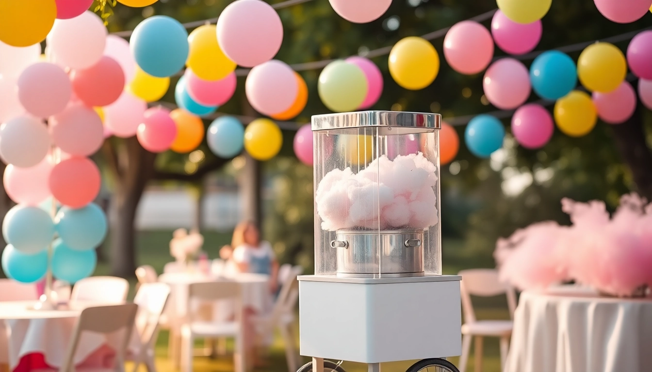 Rent a cotton candy machine for fun parties, featuring vibrant colors and inviting atmosphere.