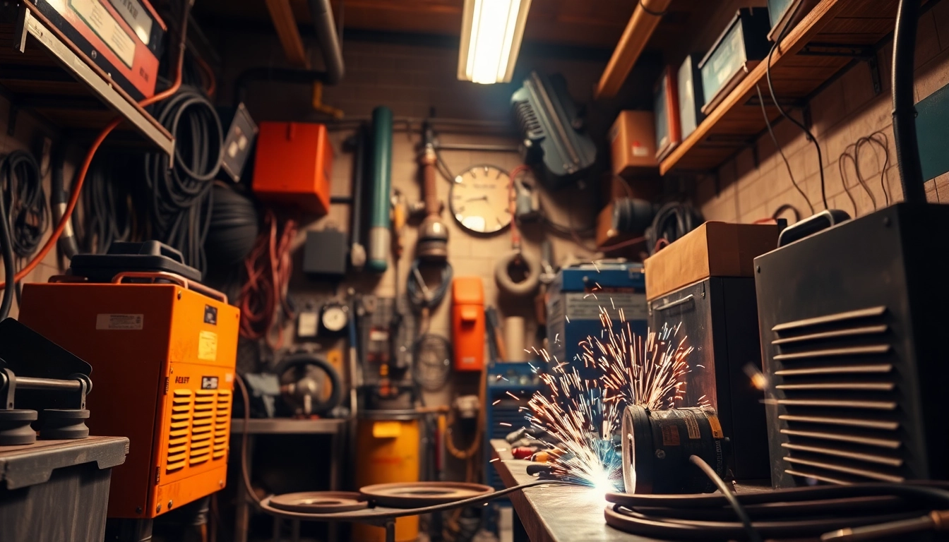 Welding supplies displayed in an active workshop, featuring a welder using professional equipment.