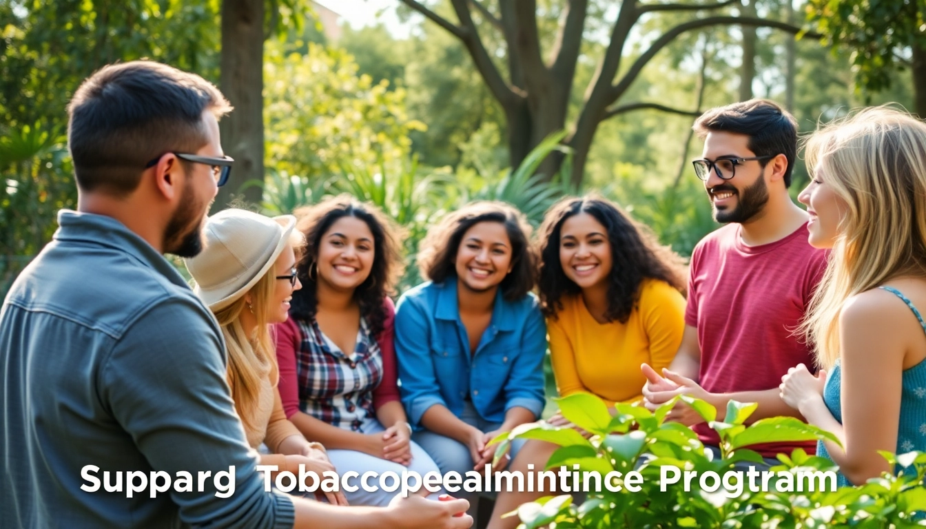 Individuals participate in a tobacco replacement program in a vibrant outdoor setting.