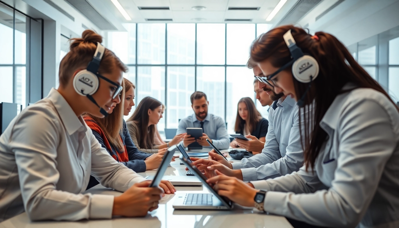 Tech professionals collaborating in a modern office with innovative gadgets and bright, natural lighting.