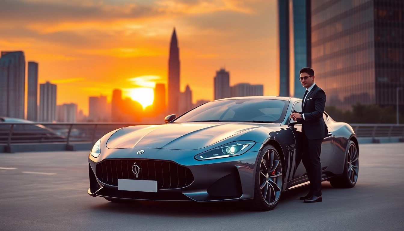 Experience a luxury hire car with driver Kuala Lumpur in a vibrant urban setting at sunset.