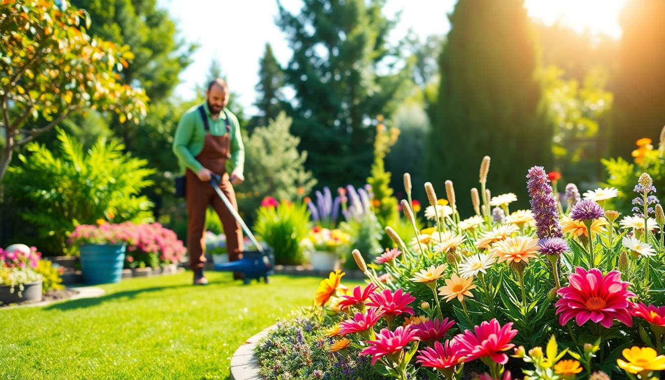 Gardener providing a garden maintenance service by caring for beautiful flower beds.