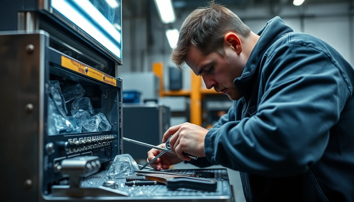 Expert technician performing ice machine repair with precision and care in a well-lit service area.