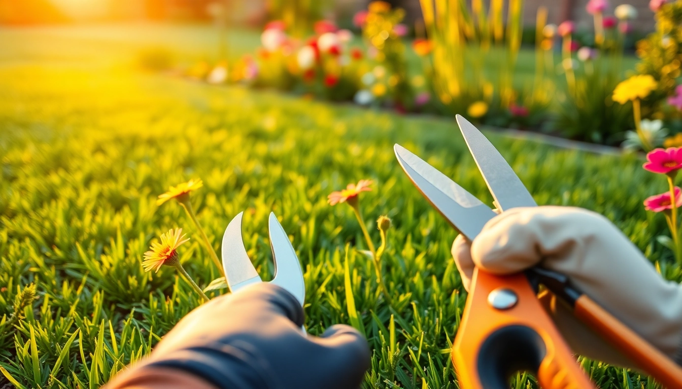 Gardening professionals providing garden maintenance service with expert tools and vibrant plants.