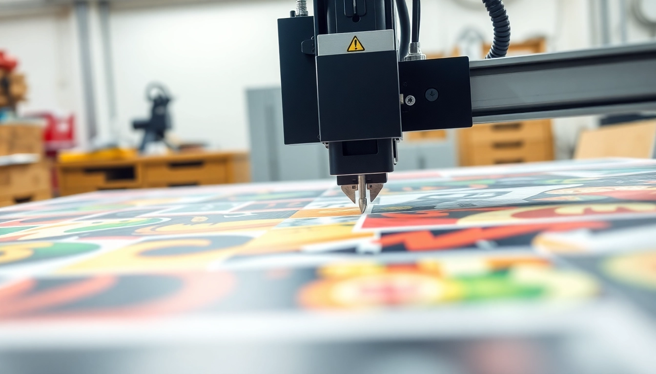 Precision die cutting machine efficiently cutting colorful materials with sharp blades in a professional workshop environment.