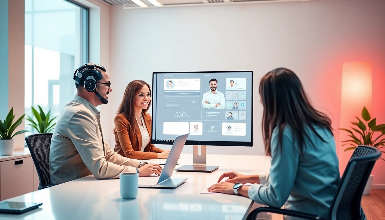 AI sales agents efficiently engaging clients through advanced technology in a contemporary office setting.