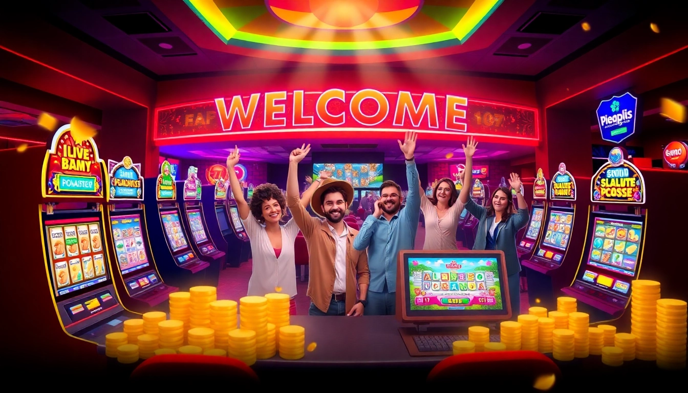 Celebrate your welcome bonus at the online casino with colorful slot machines and joyful players.