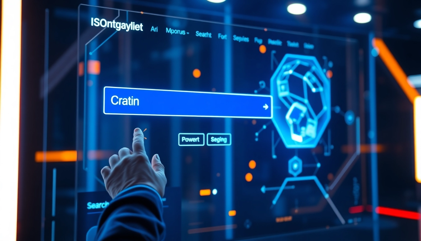 Engage with an advanced AI search engine interface featuring holographic displays and vibrant colors.