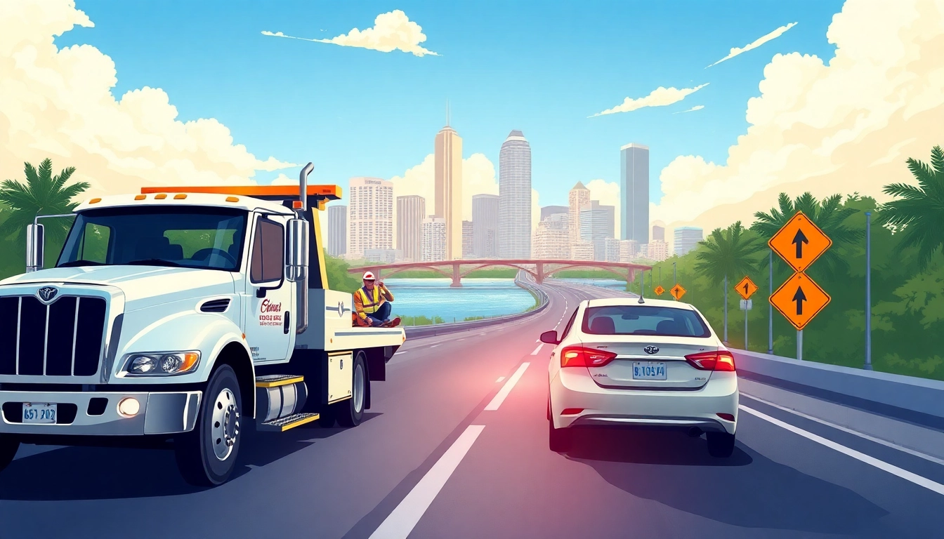 Roadside assistance Tampa: tow truck helping a stranded car on a sunny Tampa highway.