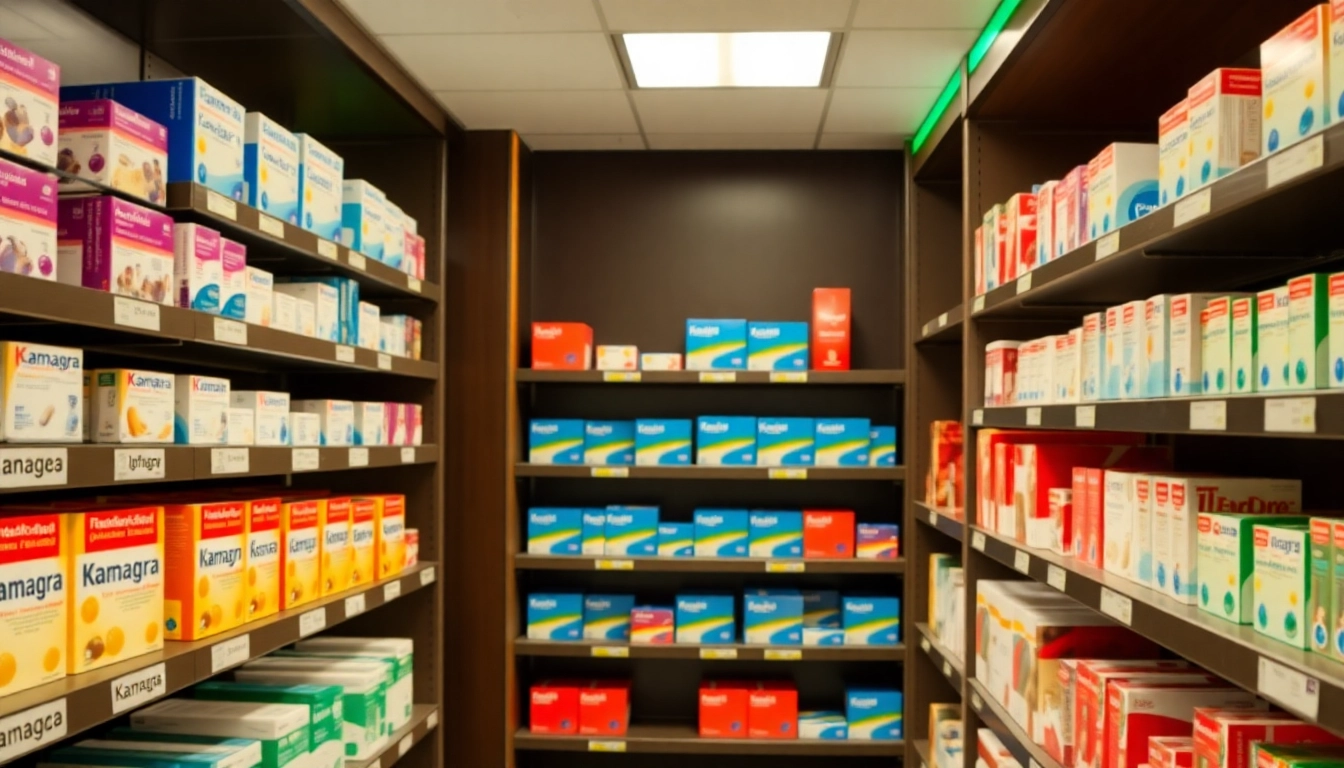 Shop for kamagra kopen with authentic products displayed on a well-organized pharmacy shelf.