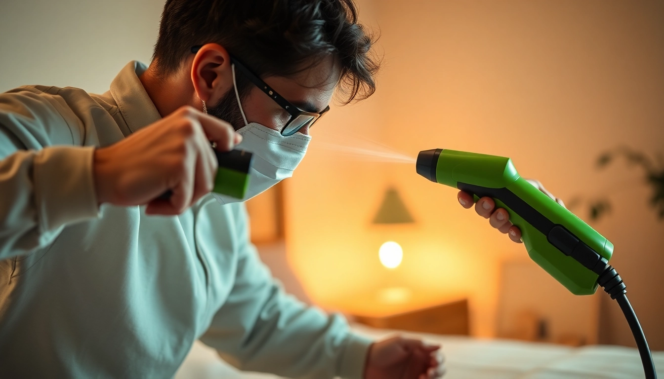 Effective bed bug pest control being applied by a professional in an inviting bedroom environment.