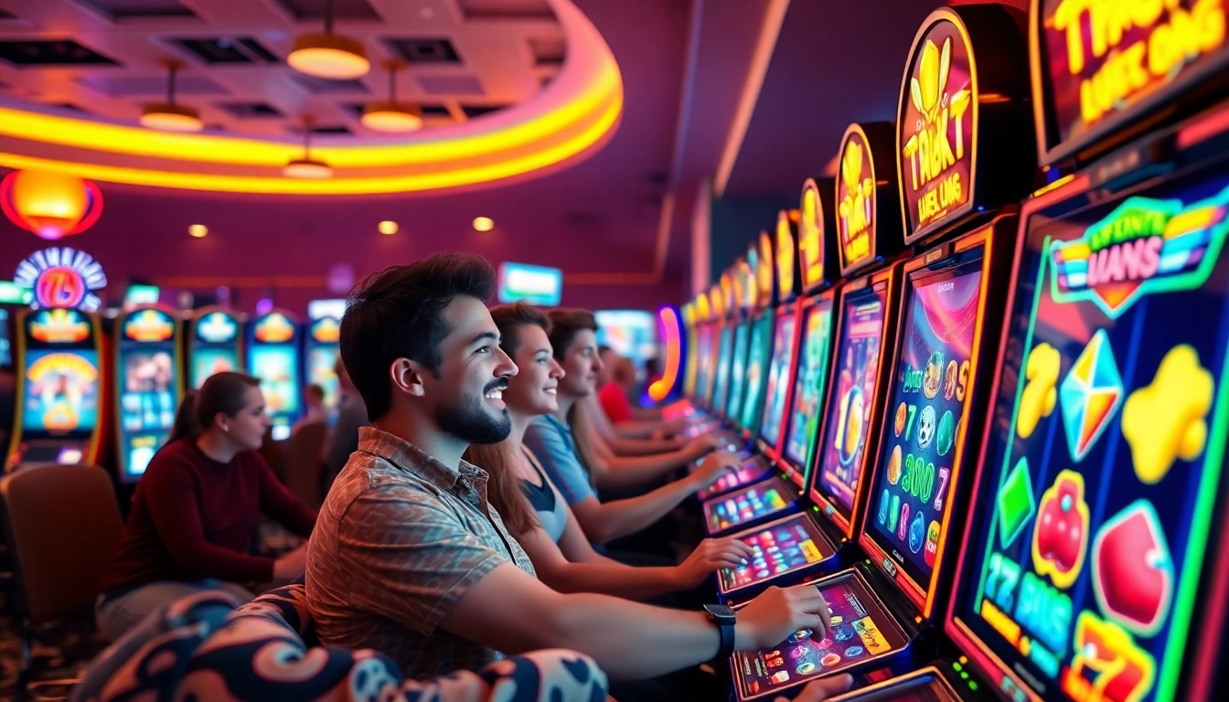 Permainan slot demo menarik yang dimainkan oleh pemain di kasino yang berwarna-warni.