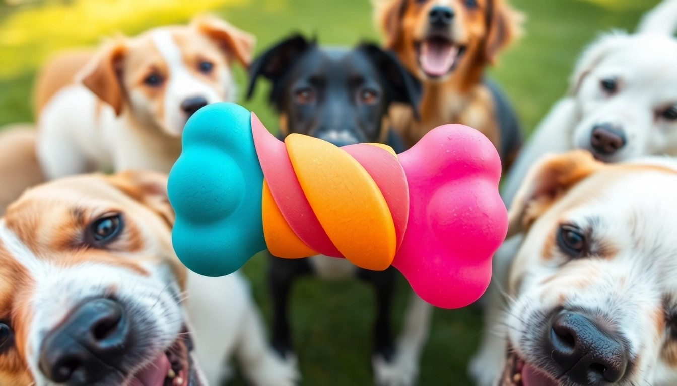 Best dog toys, like this colorful rubber chew toy, engaging dogs in playful antics outdoors.