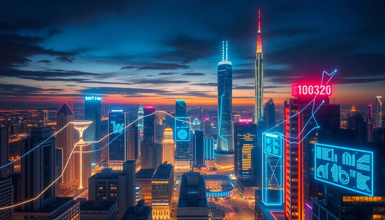 Visualizing Blockchain big data analytics advancements in a futuristic cityscape with digital data streams.