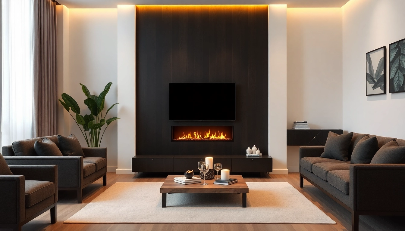Automatic bioethanol fireplace menyala, menciptakan ambience nyaman di ruang tamu modern dengan pencahayaan hangat dan elegan.