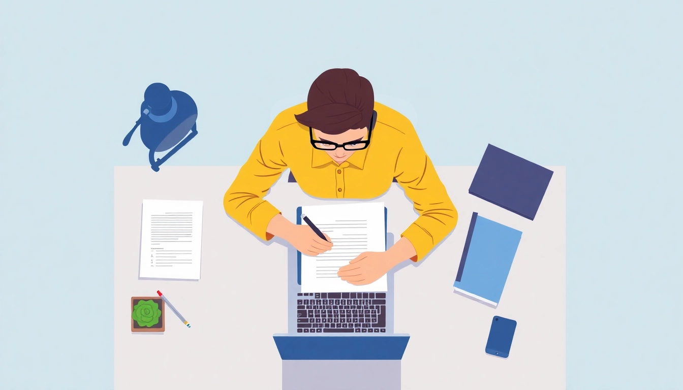 Writing a CV: A focused professional composing Hur skriver man CV on a laptop at a tidy desk.