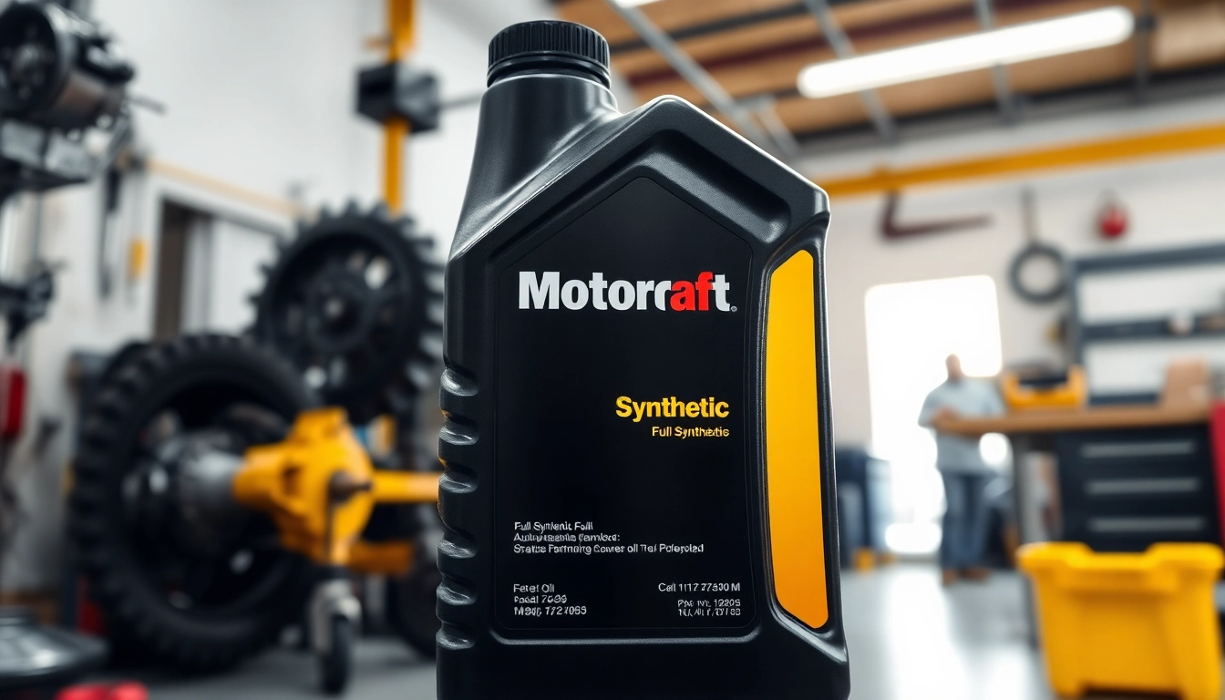 Featured full synthetic Motorcraft oil bottle in a workshop, showcasing quality and automotive context.