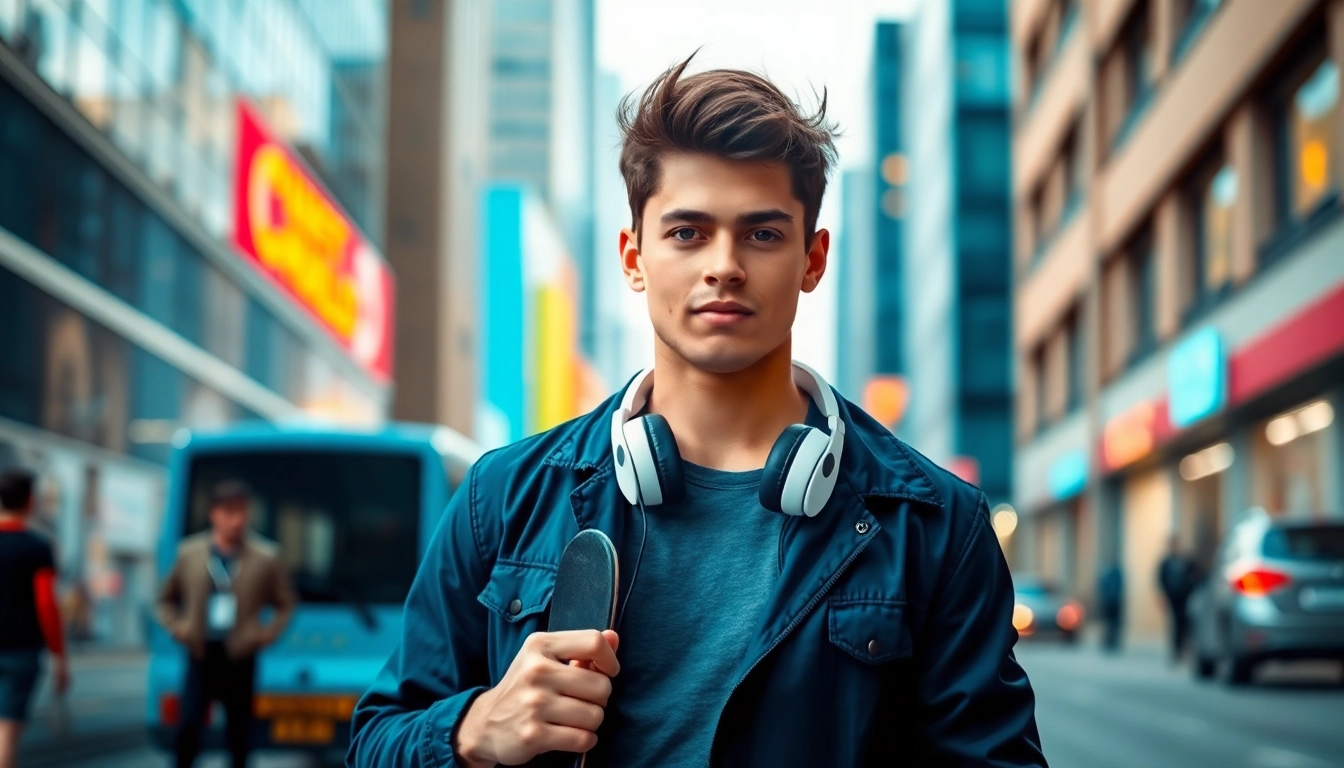 A confident young man embodying the concept of based chad 4chan in a vibrant urban setting.