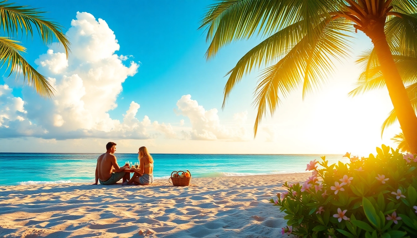 Couple enjoying a scenic beach picnic during their Livingstone Vacations Bahamas Travel.