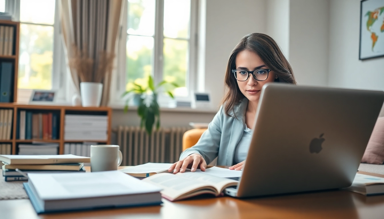 Focus on a woman studying online for her buy distance learning masters degree in a cozy home office.