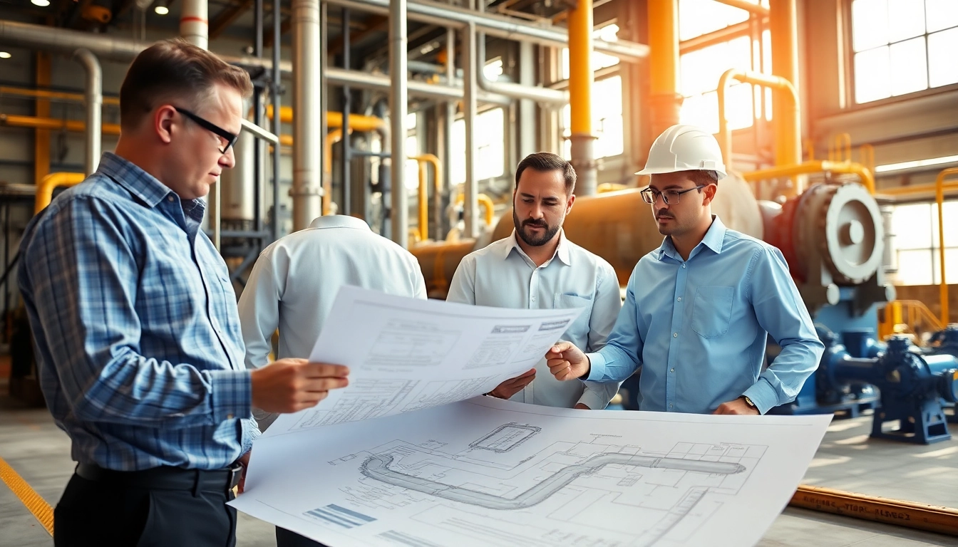 Expert piping stress analysis Company engineers collaborating on designs in a professional industrial environment.