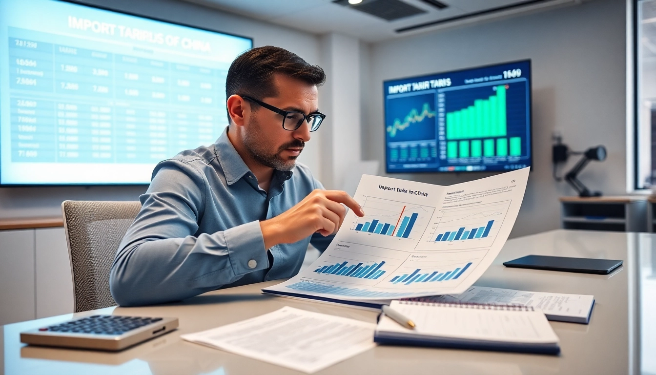 Analyze import tariffs from China with a focused economist in a modern office environment.