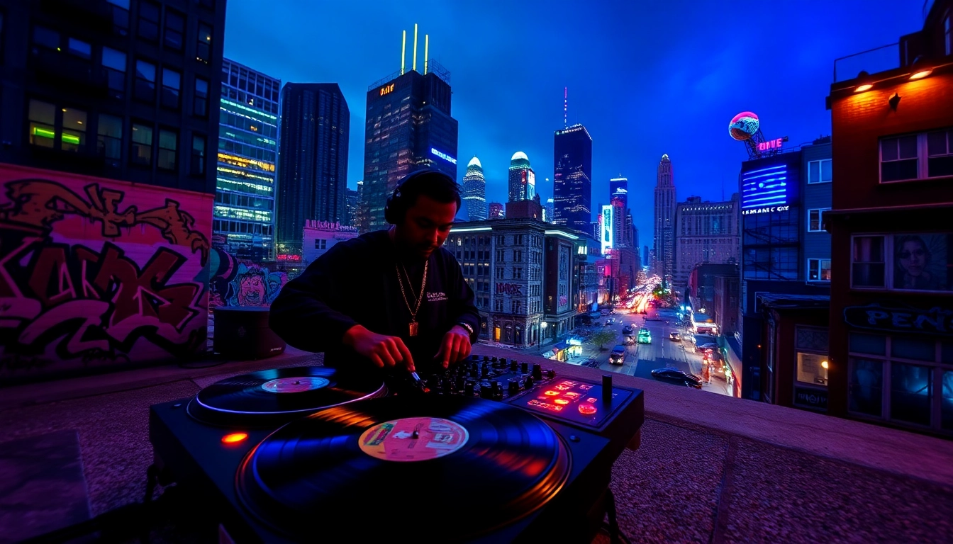 Engaging scene of Hip-hop mixtapes Chicago with DJ at urban rooftop and city skyline background.