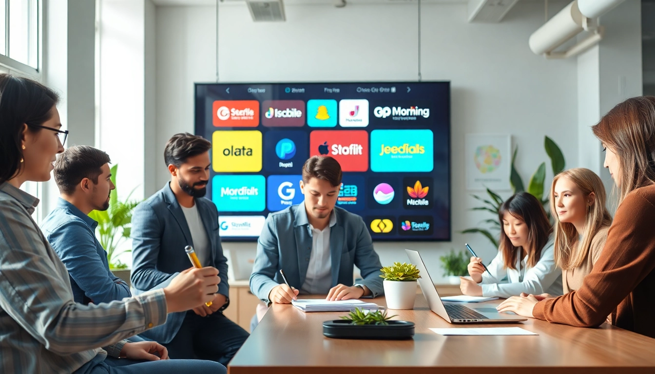 Showcasing AI-powered branding services in a modern creative workspace with a collaborative team.