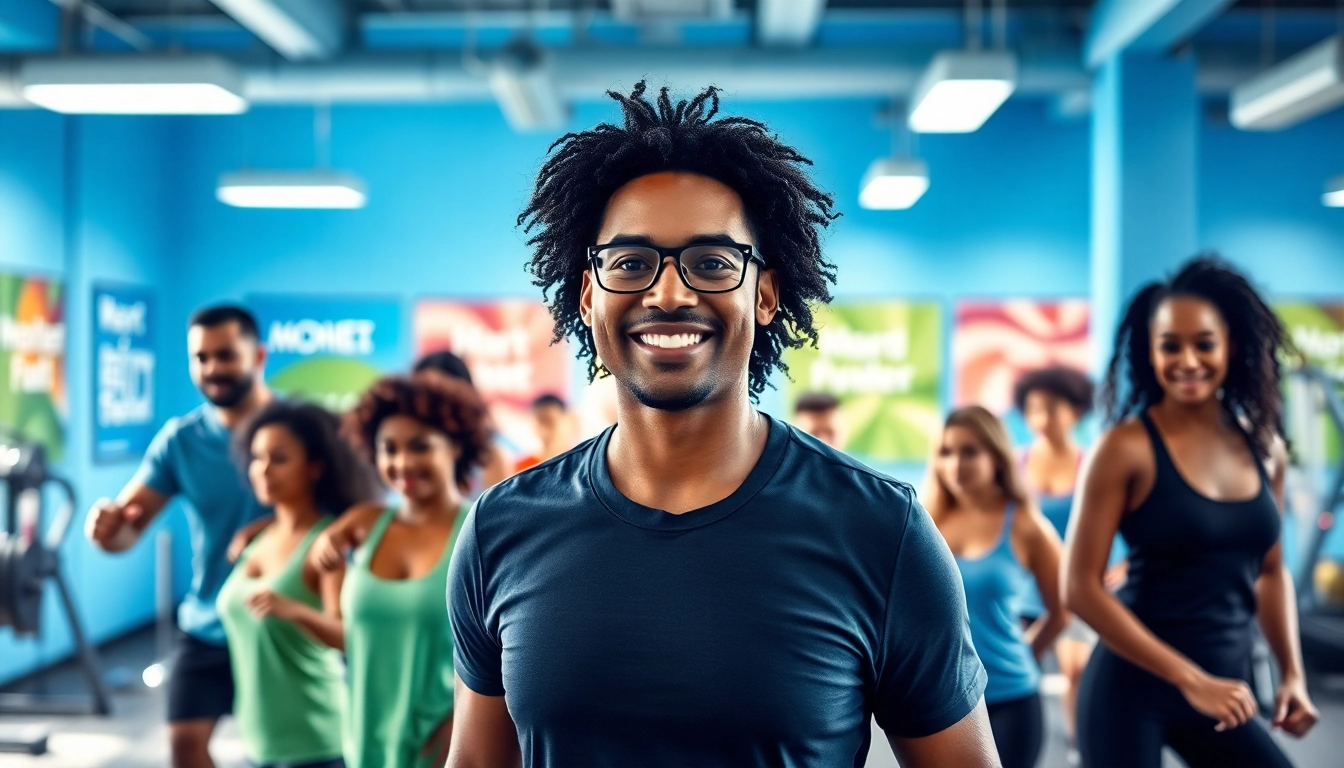 Fitness Coach near me guiding a diverse group of clients in an energized gym setting.
