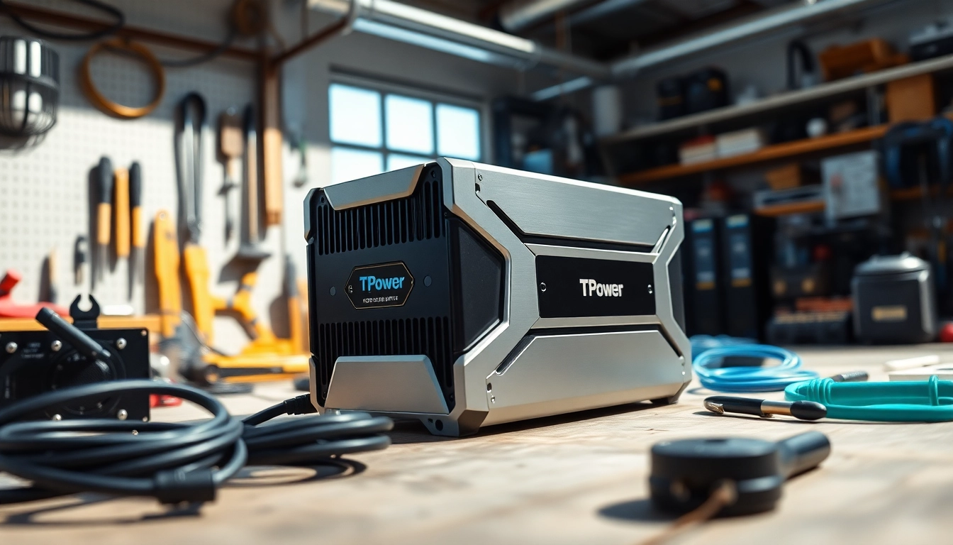 Showcase of TPower power supply unit in a bright workshop, emphasizing its high-tech features.