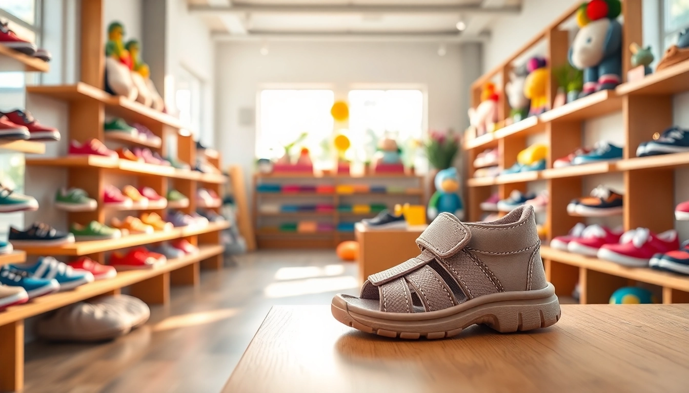 Präsentation flexibler Kinderschuhe in einem einladenden Ladengeschäft mit bunten Modellen.