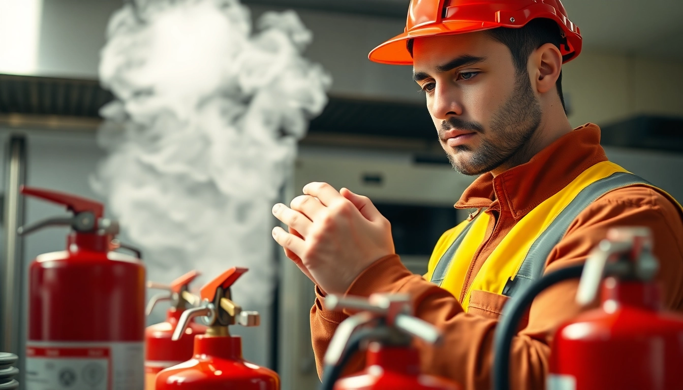 Fire extinguisher servicing Birmingham technician checking equipment in a commercial kitchen setting.