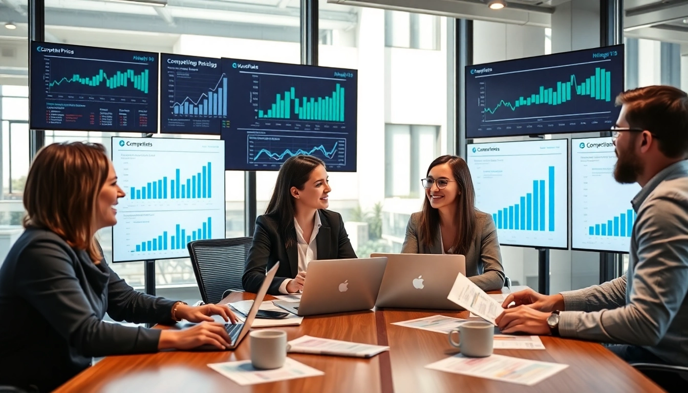 Execute a Competitor pricing analysis with business team assessing data and strategies in a modern office