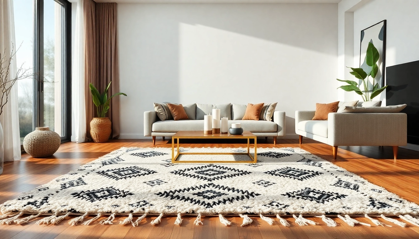 Admire Beni Ourain rugs enhancing a chic modern living room with tribal patterns.