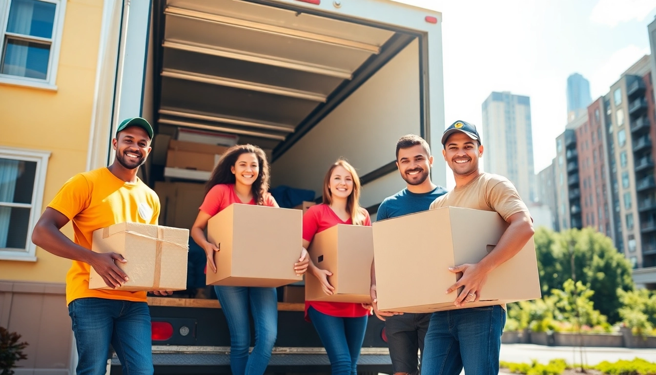 Bronx movers helping a family load their belongings into a moving truck in a cheerful urban setting.