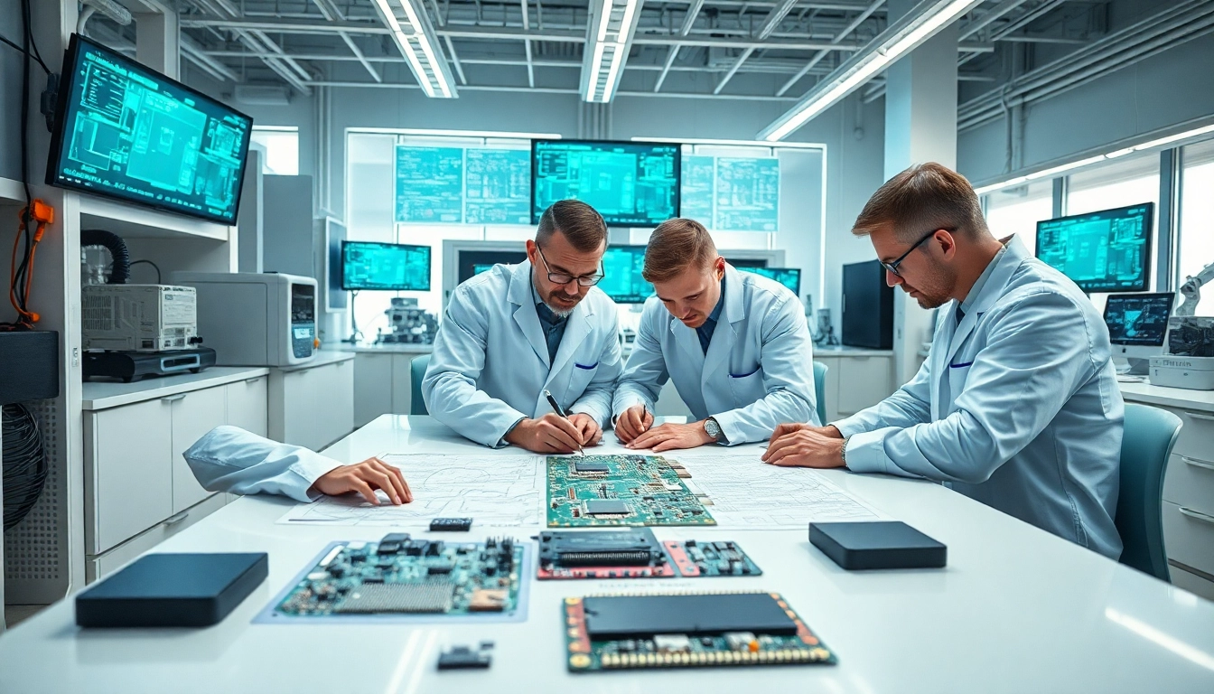 Engineers innovating microchip designs again in a vibrant, tech-savvy lab environment.