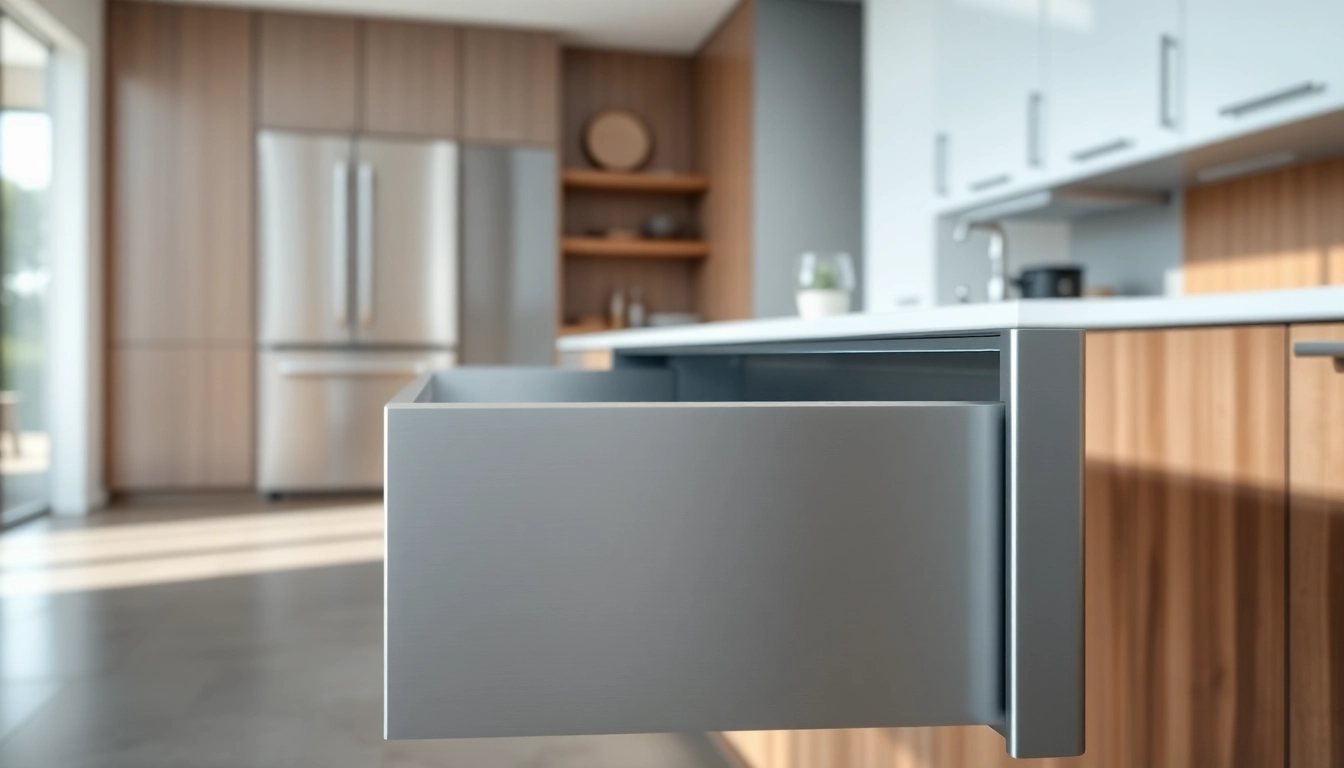 Showcase of a modern metal drawer system, highlighting its sleek design and soft-close features.